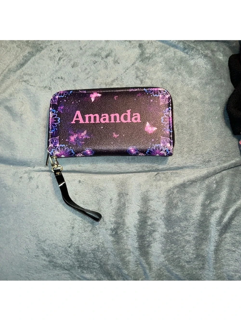 Amanda zippered clutch/Wristlet long Wallet - Black with Pink Accent New